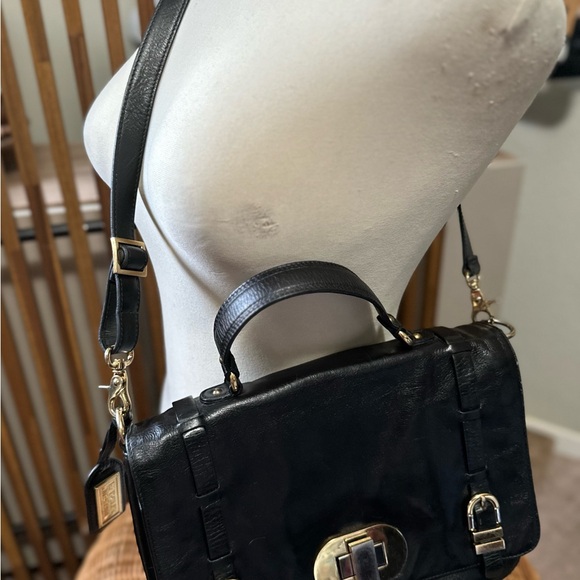 Badgley Mischka Black Leather Satchel Two—Toned Hardware Turnlock Crossbody - Picture 12 of 12
